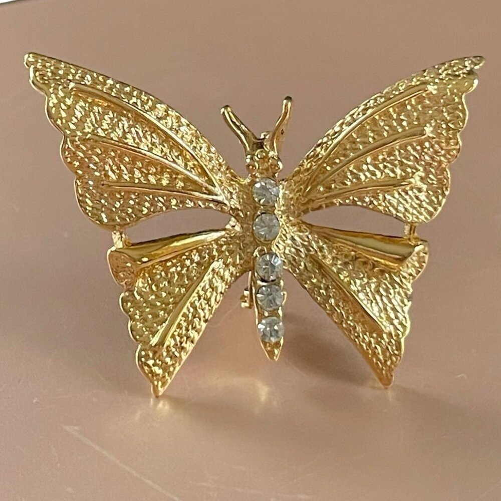 Vintage Gerrys Butterfly Brooch Gold Tone Rhinestone Insect Pin Costume Jewelry